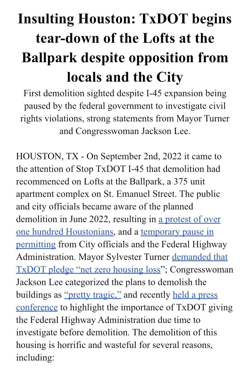StopTxDOTi45's tweet photo. 🚨TxDOT begins tear-down of the Lofts at the Ballpark despite strong opposition from the @houmayor @JacksonLeeTX18 and locals.
We will not be paved over.
Full press release w/ links: https://t.co/omOfG1zFuL https://t.co/VRsM9P7HH5