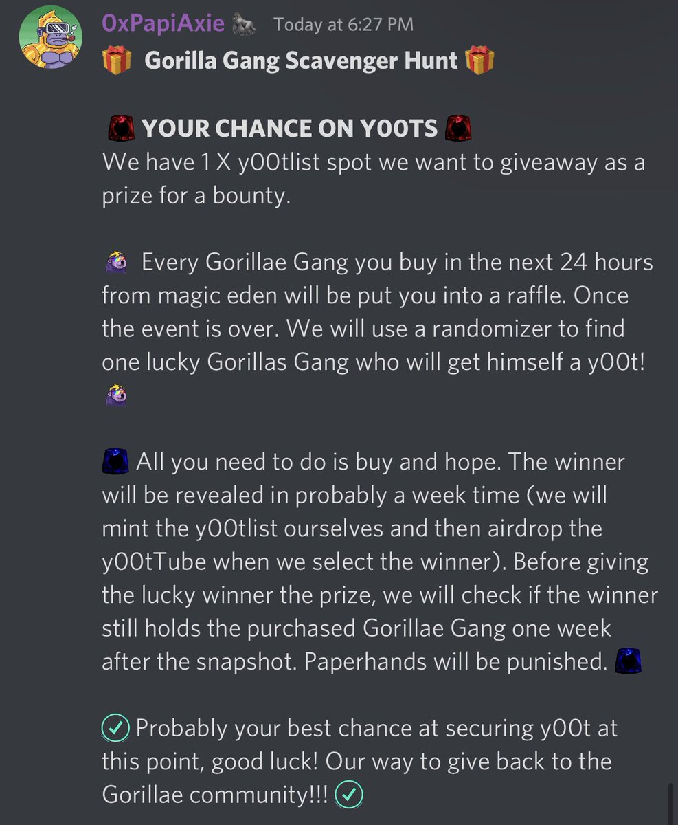 GorillaeDAO's tweet photo. Your chance to get on the #y00tlist by the #GorillaeGang 🤝🌴🍌🚀

🎁 @GorillaeNFT holders go react on Discord announcement spinning banana 🎁

🎟 First reactors holding a @GorillaeNFT get a ticket for the #Bounty raffle! 🎟

https://t.co/ozs5O6hFDD https://t.co/E0TDyF9vTx