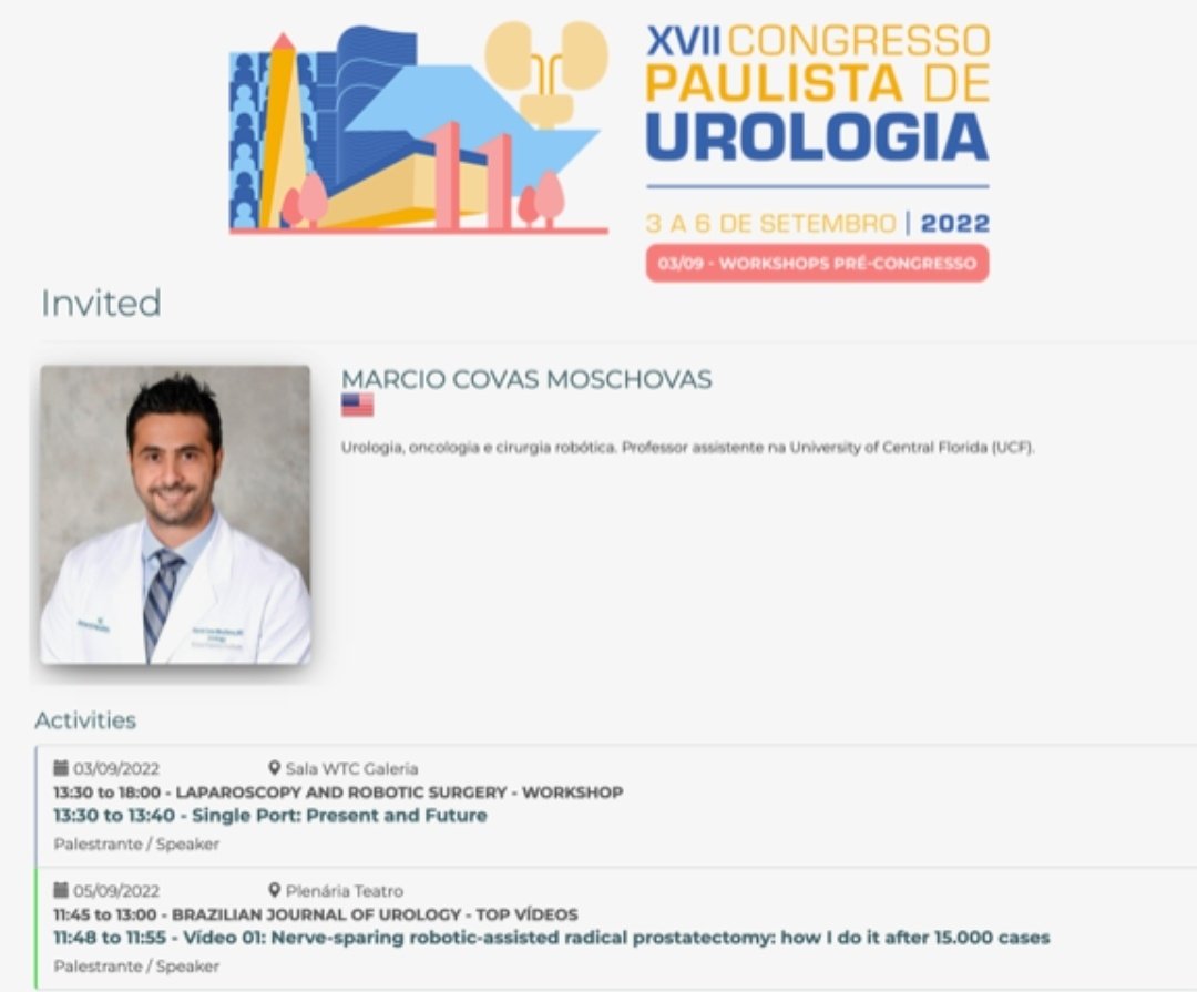 marciomoschovas's tweet photo. Começa amanhã o Congresso Paulista de Urologia, um dos maiores eventos da urologia da America Latina. Dias 3 e 5 falaremos sobre a nossa experiência e publicações na area da uro-oncologia e cirurgia robótica. @sbusp_oficial @iIBrazJUrology @celebrationgri @StrattnerBr #cpu2022 https://t.co/ViELfDQ5SV