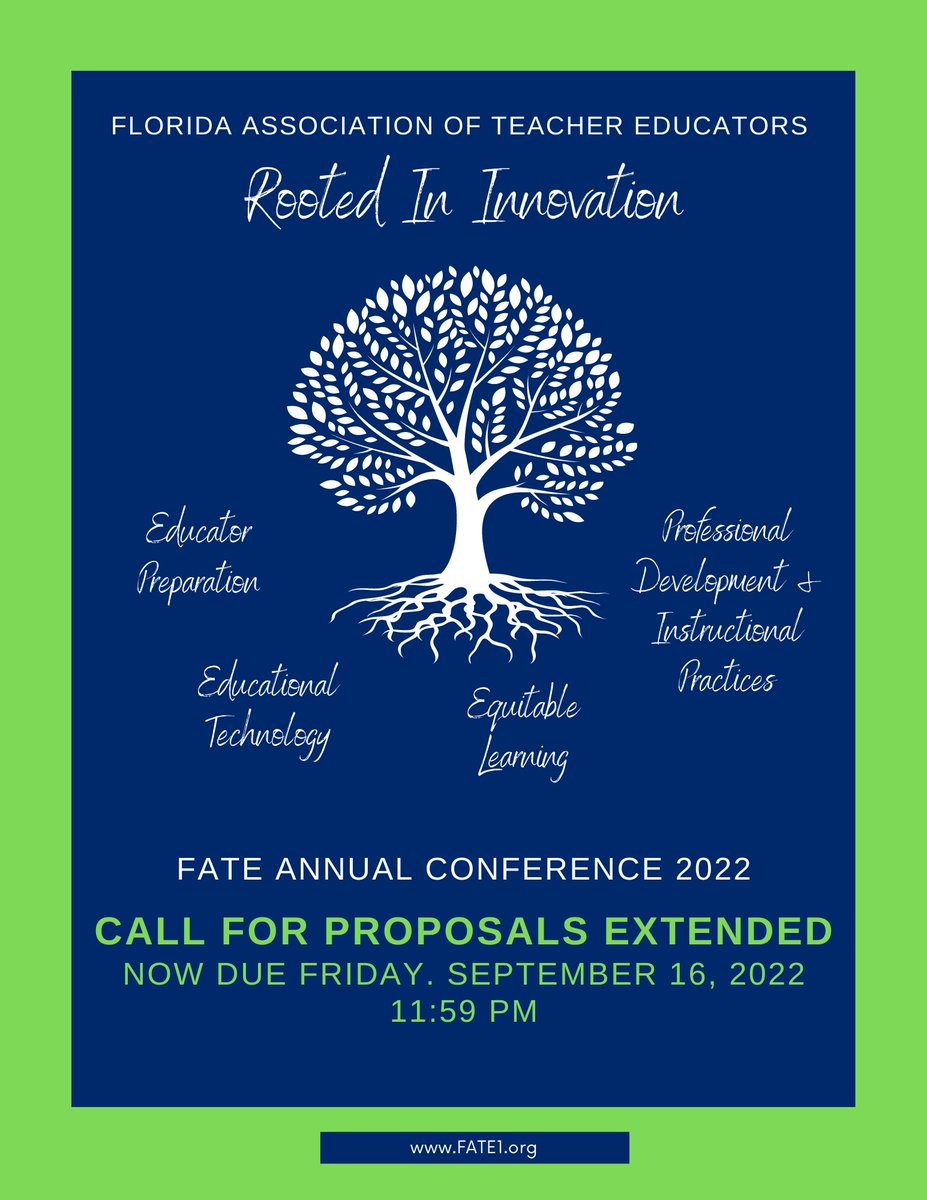 FATE1org's tweet image. Have innovations in #EducatorPrep #EquitableLearning #EdTech or #ProfessionalDevelopment? Share with your fellow #TeacherEducators at #FATE22.  Accepting proposals through Friday, Sept. 16 at 11:59 pm.  Submit online at bit.ly/FATEproposal22