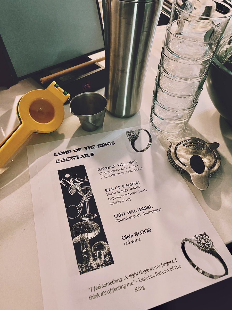 My GF is a 'Tolkienite' so decided to whip up something fun for the <a href="/LOTRonPrime/">TheRingsOfPower</a> premiere.
🧙🏼‍♂️🍸  👁🥃  🧝🏼‍♀️🥂  🧟‍♂️🍷