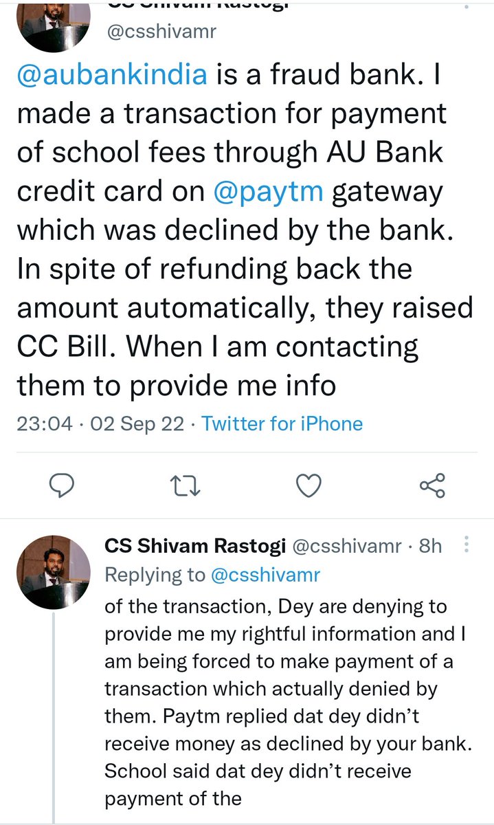 sswajjal's tweet photo. @aubankindia This is really another way of looting people. Any amount if deducted is usually returned to the source in max 2-3 days and why bank is denying to give details of where the amount is. This is #fraud @RBI @RBIsays @FinMinIndia @jagograhakjago @ConsumerReports https://t.co/XaV1KApm8y