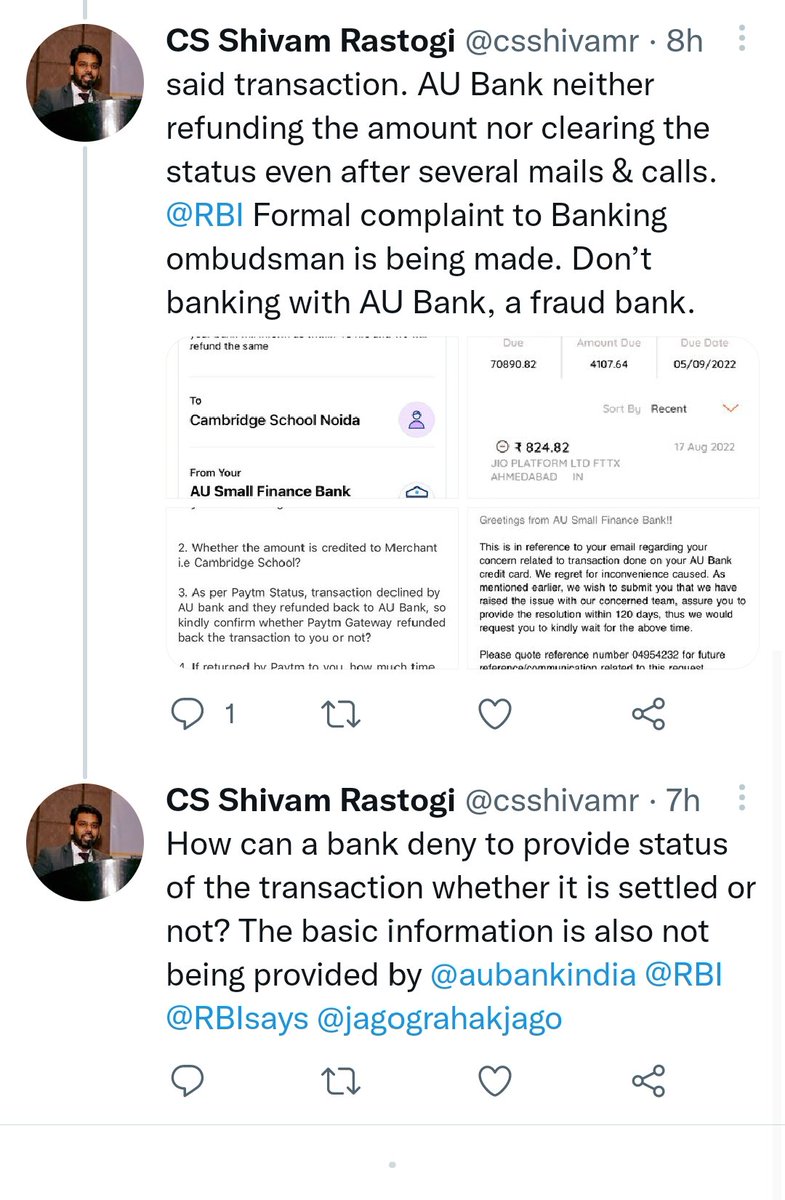 sswajjal's tweet photo. @aubankindia This is really another way of looting people. Any amount if deducted is usually returned to the source in max 2-3 days and why bank is denying to give details of where the amount is. This is #fraud @RBI @RBIsays @FinMinIndia @jagograhakjago @ConsumerReports https://t.co/XaV1KApm8y