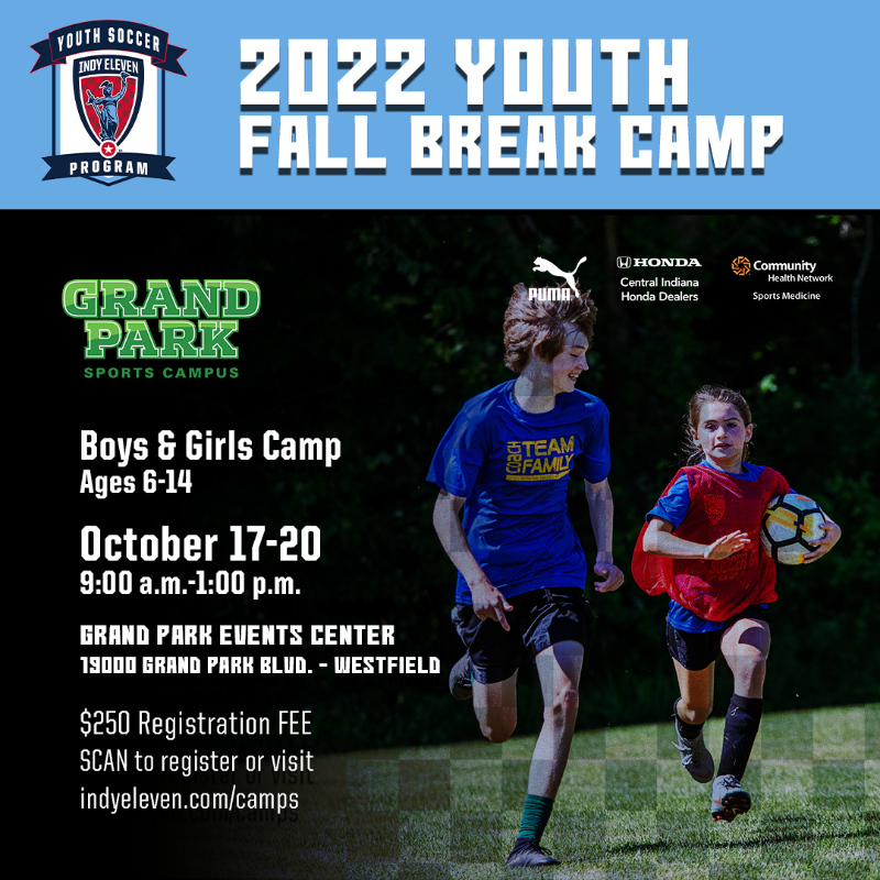 IndyEleven's tweet photo. CAMP SZN IS HERE! ⛺️⚽️  Join Indy Eleven at @GrandParkSports for a fall break soccer camp!

Sign up now! ⬇️