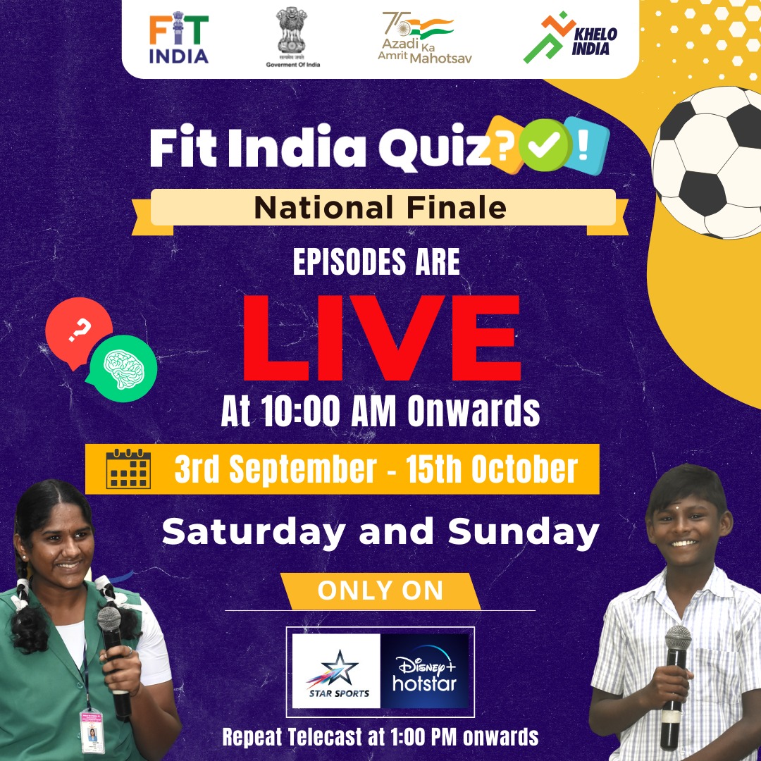 The wait is now over.#FitIndiaQuiz National Finale will be live on 📺 @DisneyPlusHS & @StarSportsIndia every Saturday & Sunday at ⏰ 10am 🗓 3rd Sep - 15th Oct Stay tuned to enjoy endless entertainment as our young champions compete against one another for the ultimate title.