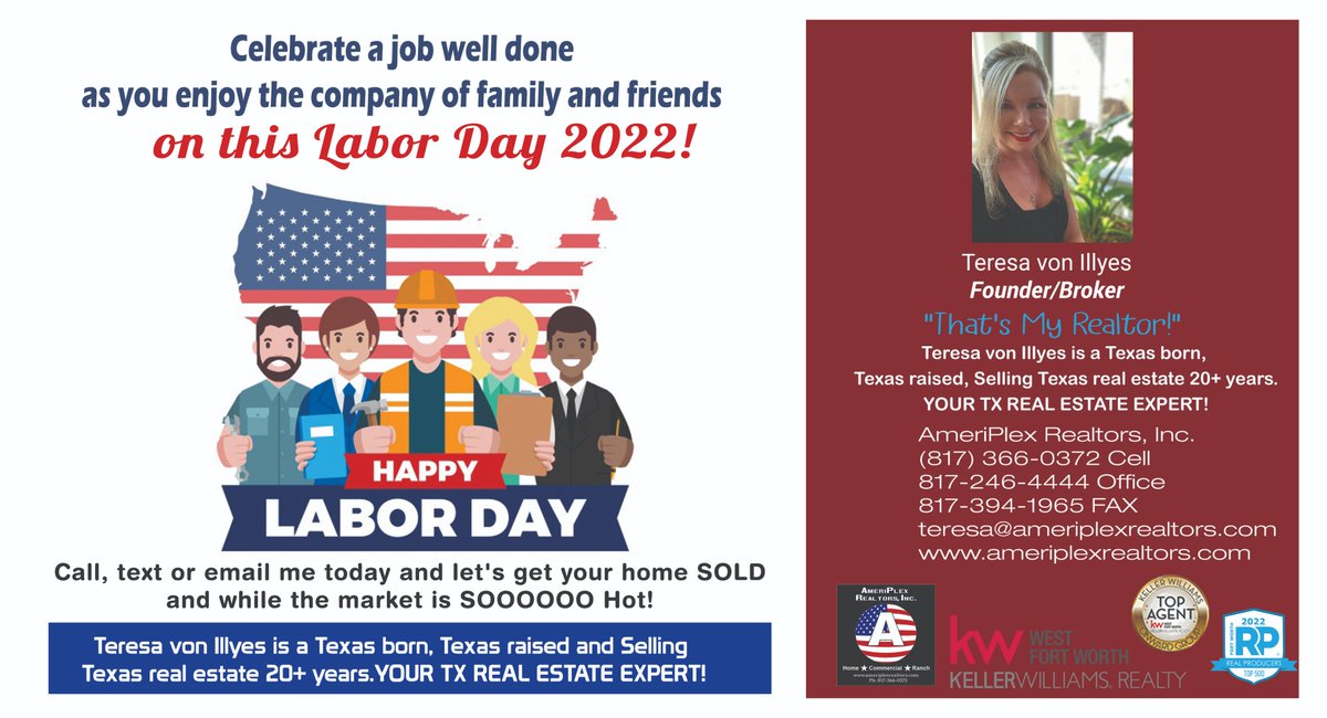 teresaillyes's tweet photo. HAPPY LABOR DAY WEEKEND!! Teresa von Illyes is a Texas born, Texas raised and Selling Texas real estate 20+ years. YOUR TX REAL ESTATE EXPERT! https://t.co/ejpg5EK9Ny #westfortworthrealestate #fortworthrealestate #texasrealestate #labordayweekend #labordayday https://t.co/spzE4Gq8Fr