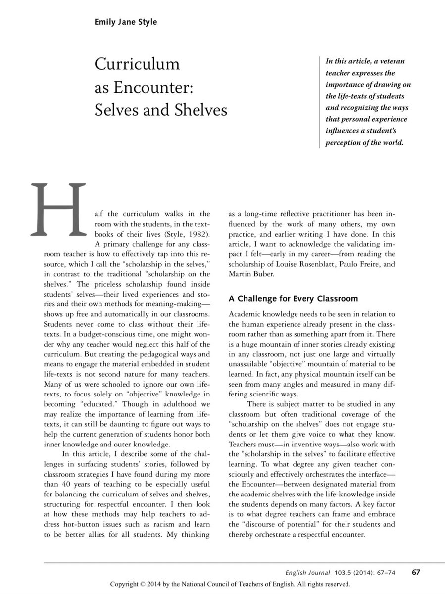 + “Half the curriculum walks in the door when the students do.” — Emily Style

Thank you <a href="/de_fine/">DeFine</a> for introducing me to Style’s remarkable work. Deeply in love with the notion of ‘curriculum as encounter’. I’ve been living this truth for years: nationalseedproject.org/images/documen… #education