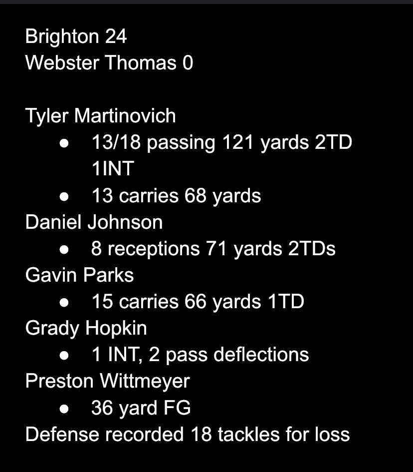 Great team win to open the season! Thank you to all our Brighton first responders and fans for coming out and being a huge part of the win! <a href="/SecVFootball/">Section V Football</a> <a href="/jjDandC/">James A. Johnson</a> <a href="/MarquelSports/">Marquel Slaughter</a> <a href="/JrobertsTV_/">Jackson Roberts</a> <a href="/PrimetimeBall_/">Primetime585⭕️</a> <a href="/thadbrown7/">Thad Brown</a> <a href="/AJFeldmanTV/">AJ Feldman</a> <a href="/PickinSplinters/">Paul Gotham</a>
