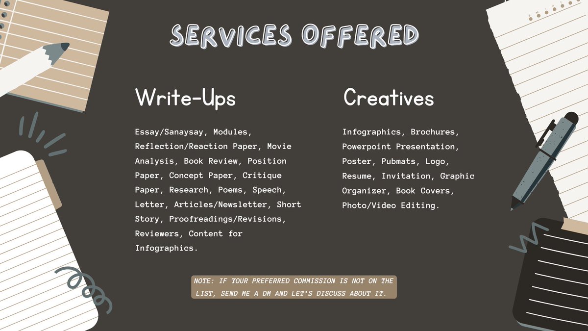 commissions_mia's tweet image. Hi! This is Suzy providing academic assistance since June 2021! Rest assured, I provide high-quality works worth the cost! Dm me for inquiries! 🤍
♡⸝⸝ Know me more and my services by checking my comm sheet below.
♡⸝⸝ Proofs: #CommissionsBySuzy