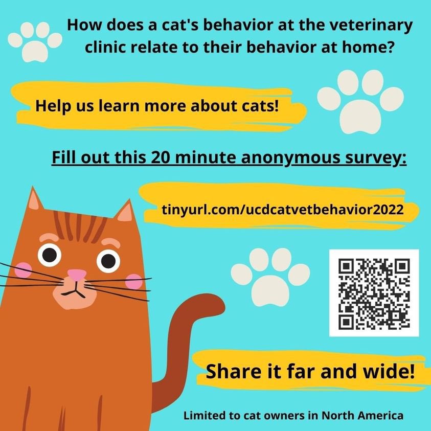 We still need more people for this survey! Every cat owner knows that there is a lot still to learn about cat behavior! We are investigating how a cat's behavior at the veterinarian is related to behaviors at home. tinyurl.com/ucdcatvetbehav… Thank you in advance and please share!
