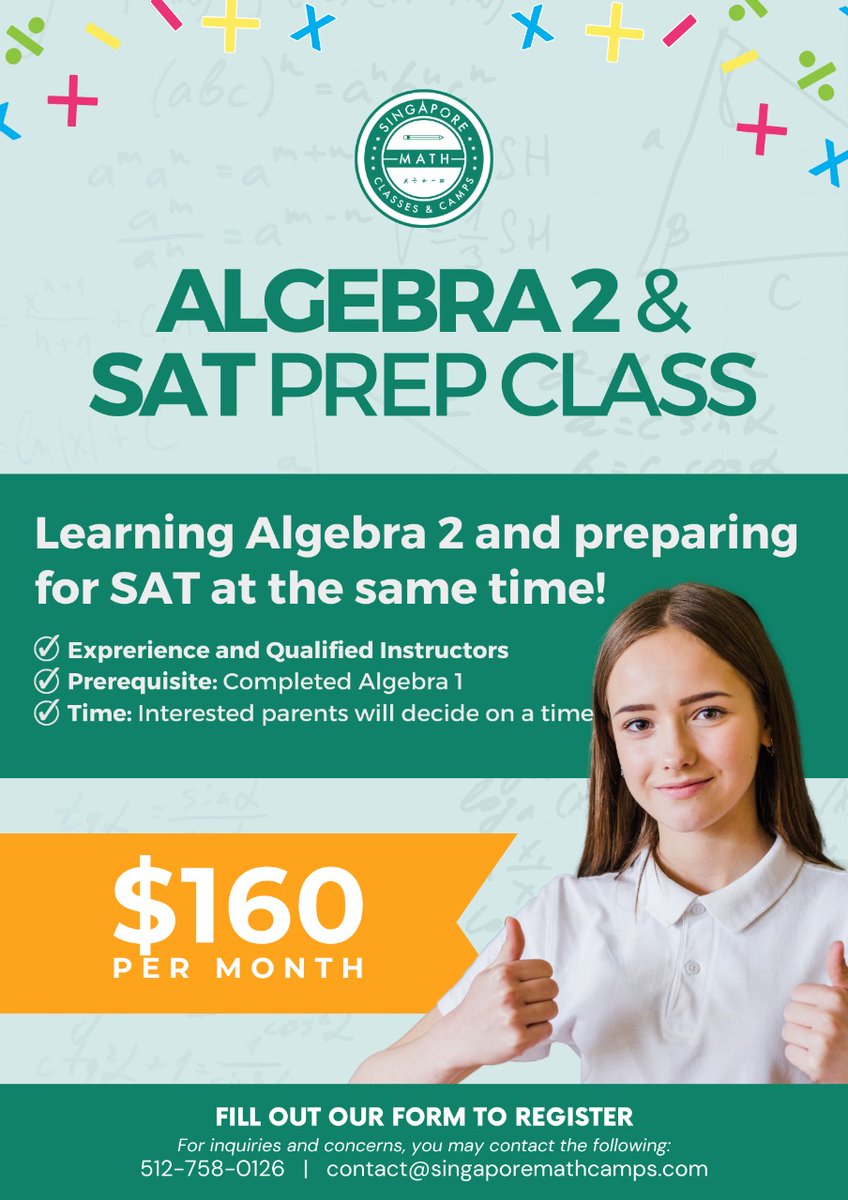SingaporeMath's tweet photo. Hi everyone, we are starting Algebra 2 &amp; SAT Prep Class. If you are interested, please fill out this form: https://t.co/xlaeB9auvb
#álgebra  #mathisfun #homeschool https://t.co/VUZjHOe0dJ