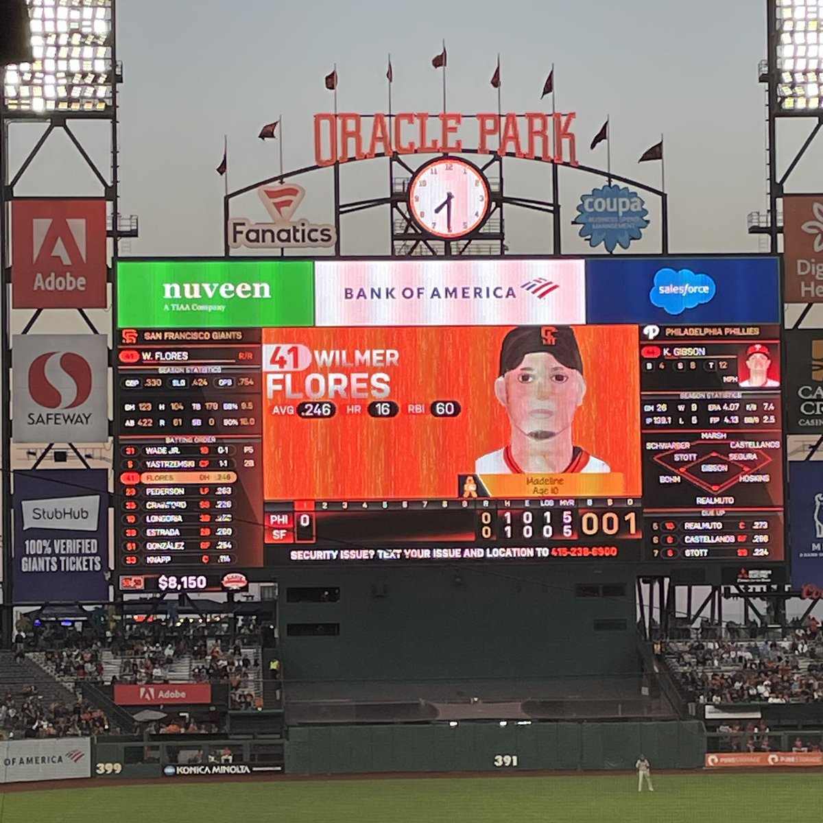 PavlovicNBCS's tweet photo. Instead of having their photos on the scoreboard, tonight the Giants are using drawings from children who have faced a cancer diagnosis. The artists are from Kids &amp; Art, Family House, Camp Okizu and Lucile Packard Children's Hospital. A very, very cool idea: https://t.co/Qf2wsUDsMa