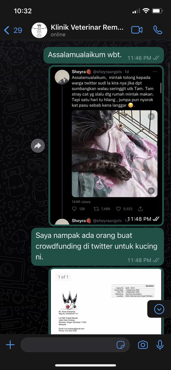 fakhrifadzli's tweet photo. Saya syak sejak semalam dah crowdfunding ni.

Akaun baru buat Julai. Lepas kutip duit senyap takde update.

Terus saya whatsapp nombor Klinik Veterinar Rembau yang ada di quotation tu.

Klinik nafikan ada rekod dan rawatan masalah ini.

@sheyraangels dah kutip berapa ribu tu? https://t.co/89n51TZxwq