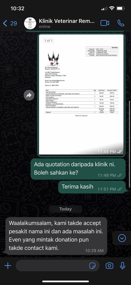 fakhrifadzli's tweet photo. Saya syak sejak semalam dah crowdfunding ni.

Akaun baru buat Julai. Lepas kutip duit senyap takde update.

Terus saya whatsapp nombor Klinik Veterinar Rembau yang ada di quotation tu.

Klinik nafikan ada rekod dan rawatan masalah ini.

@sheyraangels dah kutip berapa ribu tu? https://t.co/89n51TZxwq
