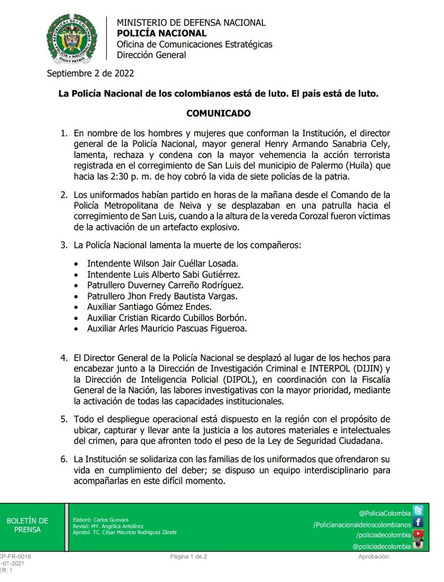 PoliciaColombia's tweet photo. ¡La Policía Nacional de los colombianos está de luto. El país está de luto! 

Comunicado de prensa sobre los lamentables hechos ocurridos en el departamento de Huila, donde en un ataque repudiable fueron asesinados 7 de nuestros compañeros. ⬇️ https://t.co/g6UALyXZo8