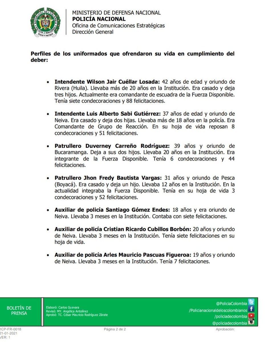 PoliciaColombia's tweet photo. ¡La Policía Nacional de los colombianos está de luto. El país está de luto! 

Comunicado de prensa sobre los lamentables hechos ocurridos en el departamento de Huila, donde en un ataque repudiable fueron asesinados 7 de nuestros compañeros. ⬇️ https://t.co/g6UALyXZo8