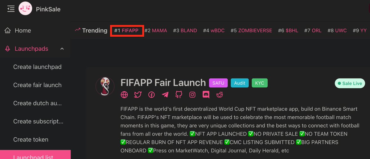FIFAPP_IO's tweet image. Top #1 in Pinksale Trend 🚀🚀🚀