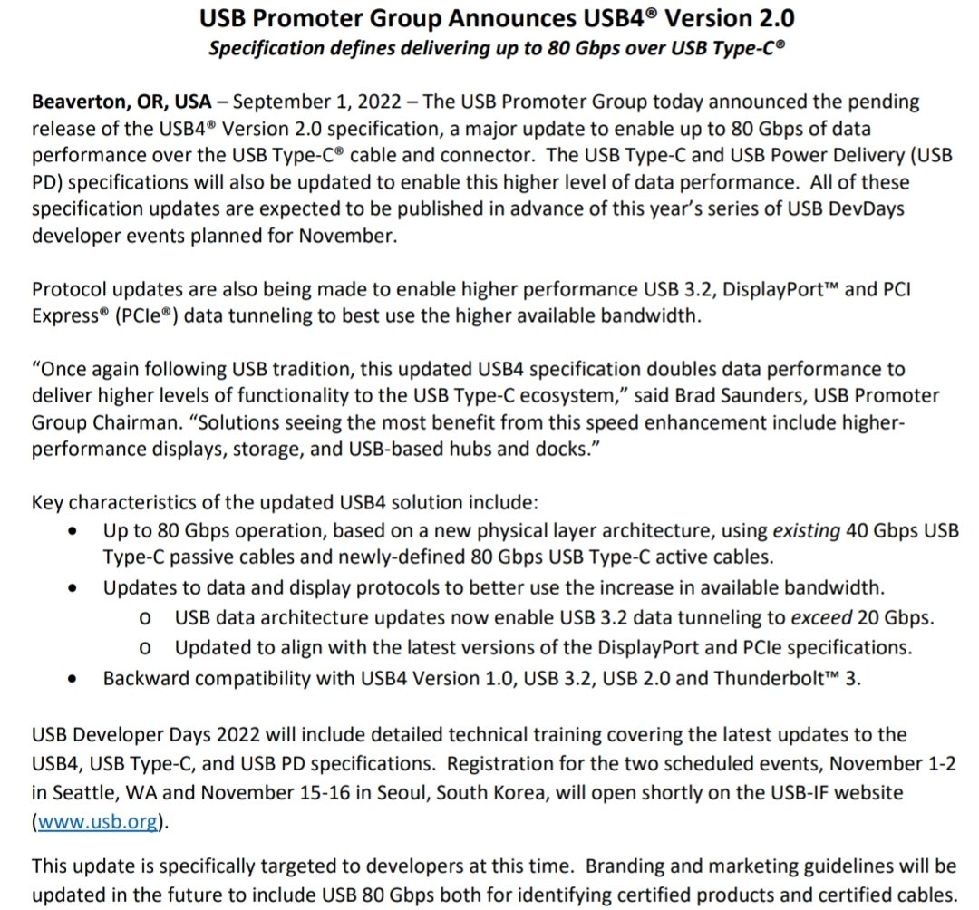USB4 Version 2.0 announced 🫰 - upto 80Gbps data transfer speed - compatible with USB4 Version 1.0, USB 3.2, USB 2.0, Thunderbolt 3 - USB data architecture updates now enable USB 3.2 data tunneling to exceed 20 Gbps - can connect an external GPU to a laptop without any lags.