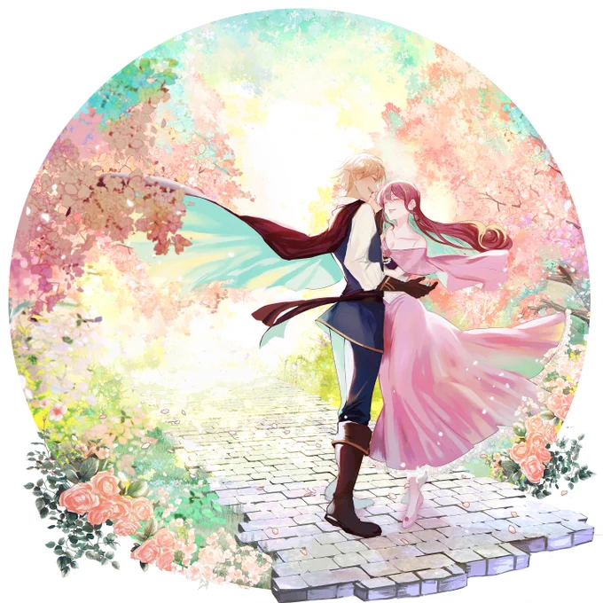 【 #Skeb 】お姫様と怪盗さんの魅力的なカップルを描かせていただきました。春の光の中、花に埋もれる古い庭園でのデートシーンをイメージしています。リクエストありがとうございました! #illustration 