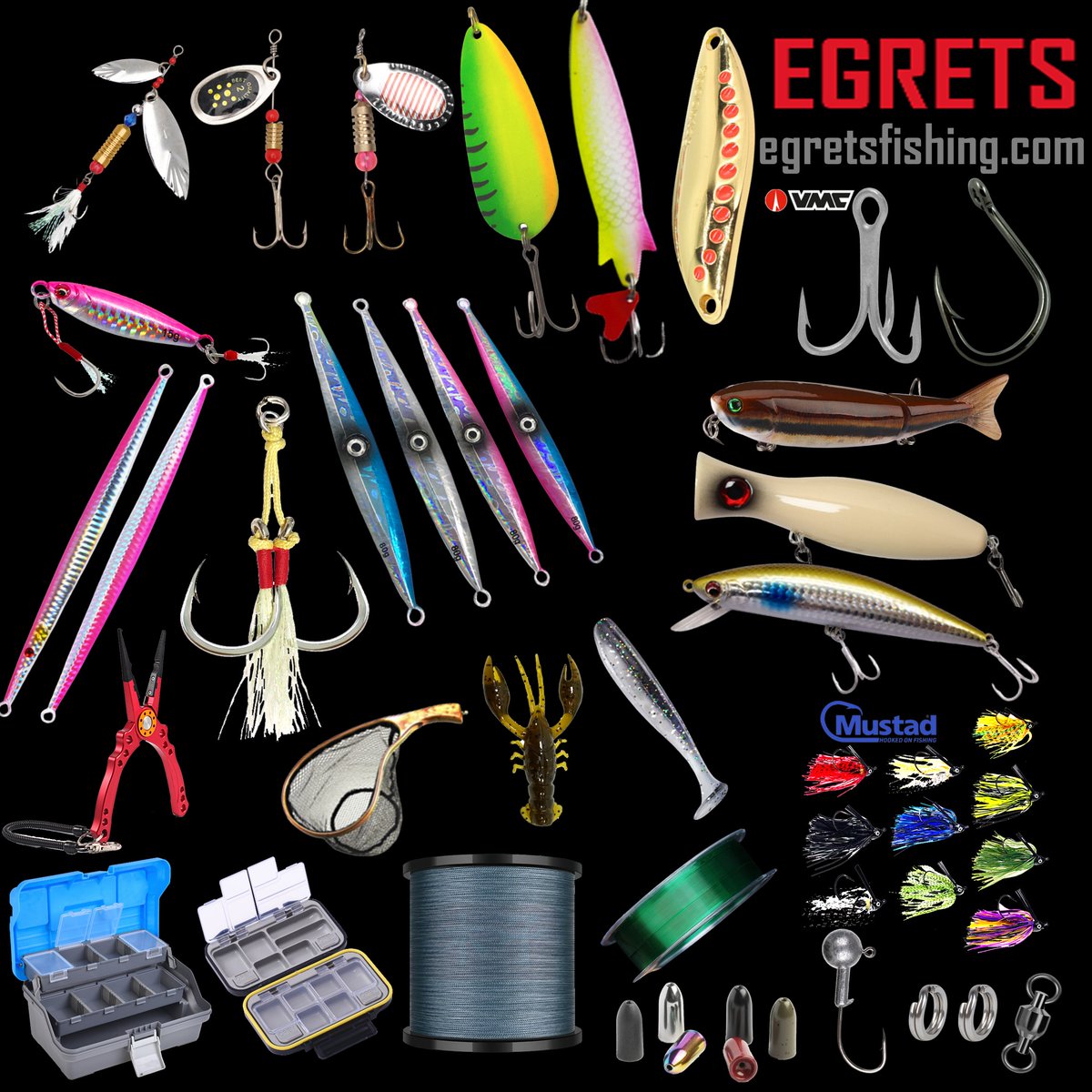 Egretsfishing's tweet photo. Here are fishing tackles our company offers: metal jigs, spoons, spinners, jigging hooks, saltwater hooks, lures, soft plastics, jigheads, fishing lines, tackle boxes, tools, tungsten products, nets, and other accessories. #metaljig #verticaljigging #spoonlures #jighead #spinner https://t.co/YSUyq9oozo