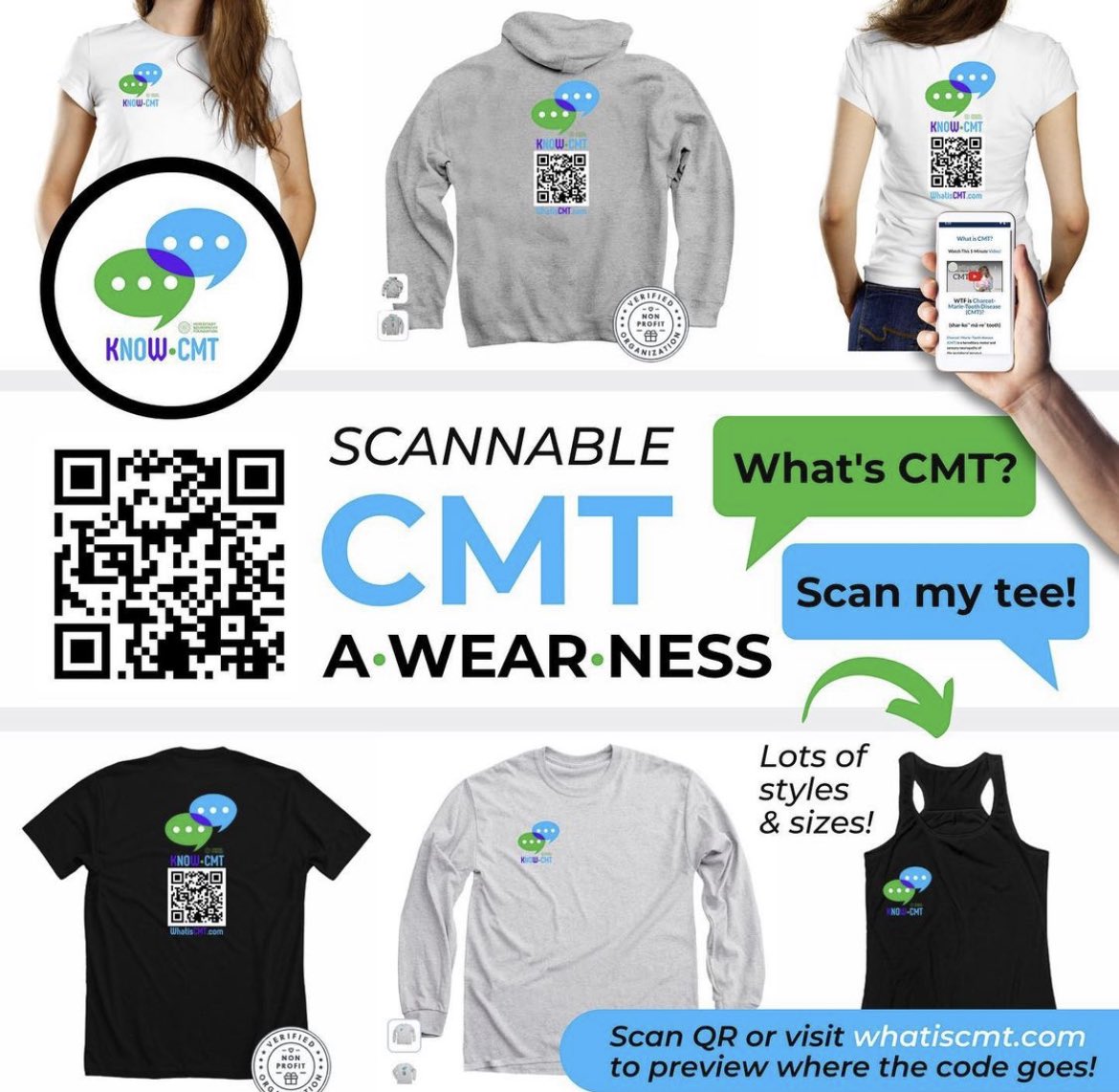 CMTNeuropathy's tweet photo. π Spread CMT A-Wear-Ness with our new #scannableTshirts & more!
Each #KnowCMT item has a custom QR code that friends, family, or strangers can scan to learn more about CMT! To preview the link go to https://t.co/o8yWocdBrB!
https://t.co/RZYxAsFC1u https://t.co/ipkEH5QN0v