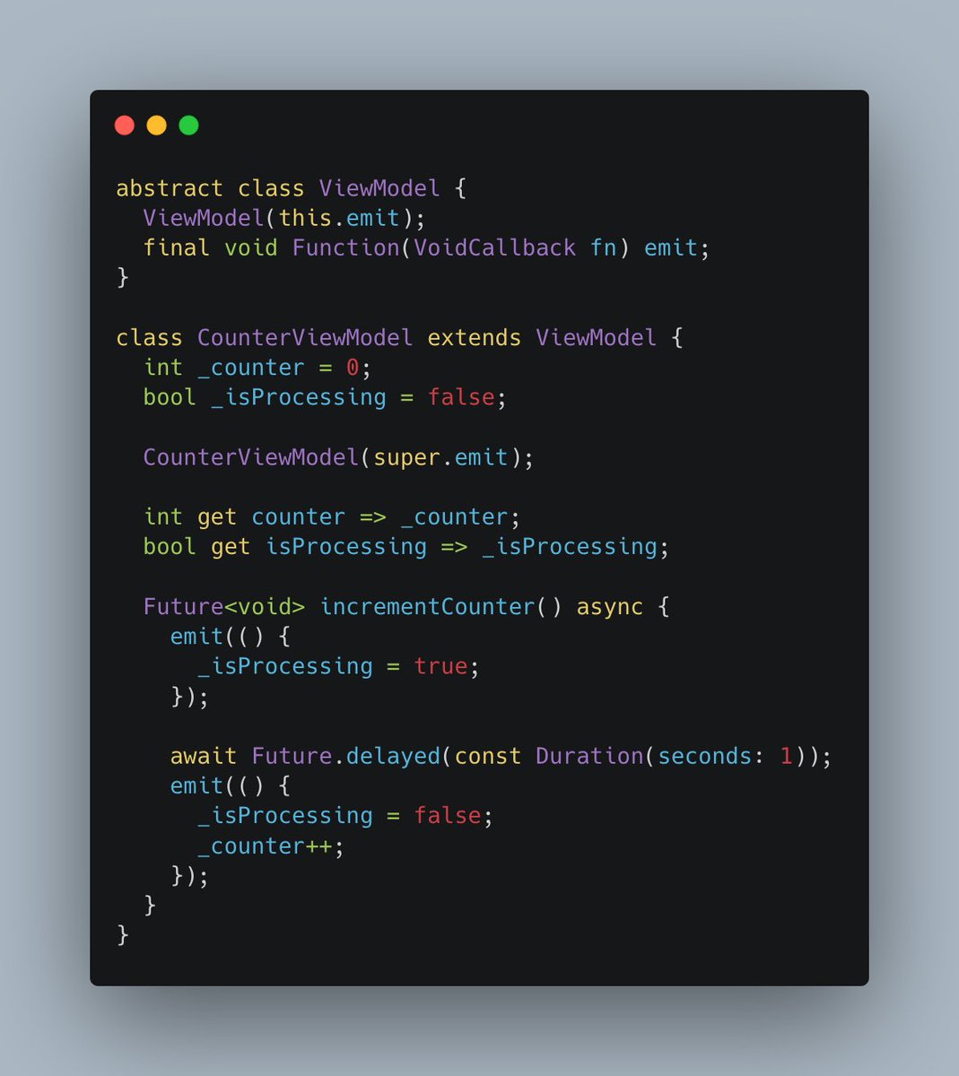 CFDevelop's tweet image. Here is an approach that achieves a result that is very similar to #bloc with #flutter

emit here works in a similar way to how to emit works on a Cubit, but without the complexity of streams. Check out the live sample here

dartpad.dev/?id=2b21f5fb6e…