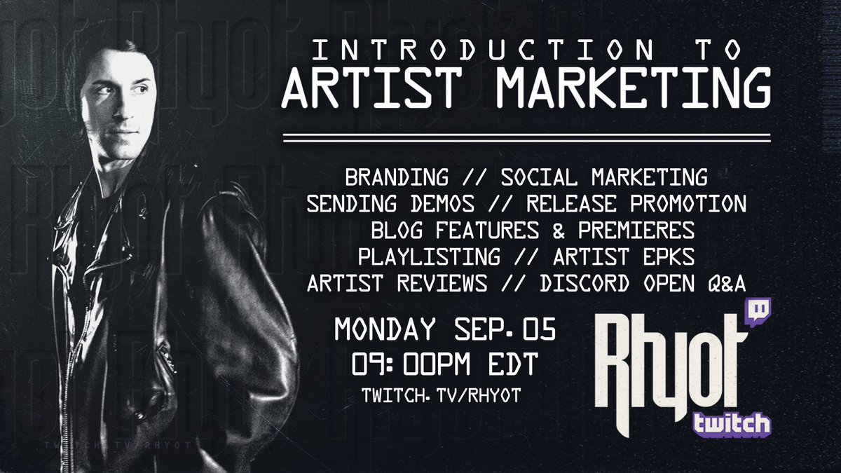 Rhyot's tweet image. Join me for an Intro to Artist Marketing, hosted on Twitch, covering a wide range of marketing topics and more, plus artist reviews, and open Q&amp;amp;A. Bring a friend!

RSVP via Discord: discord.gg/fPnZgT3T?event…