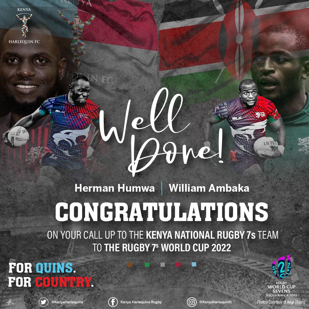 KenyaHarlequins's tweet photo. Congratulations stalwarts @hermanhumwa @willyambaka

Fix them till they want no more!

For Quins, For Country at the Rugby World Cup 7s @worldrugby7s

#KenyaHarlequins
#SureStrongSuperior 
#COYQ
#RWC7s
#rugby
#KenyaRugby
#Kenya7s
#rugbyAfrica
#rugby7s
#HereToSevens https://t.co/O9yArc3oSQ