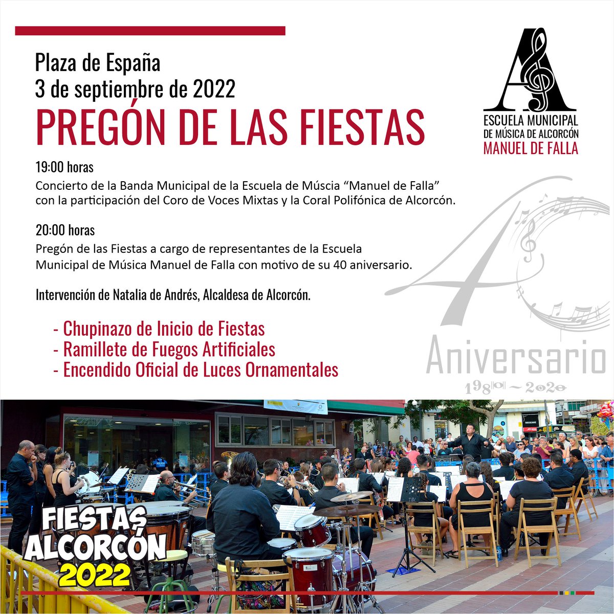 alcorconcultura's tweet photo. Sábado 3 septiembre
20h
PREGÓN FIESTAS PATRONALES
Manuel Haro Director @EmmAlcorcon @momocortes  
Intervención de @natadeandres  
Chupinazo 
Ramillete de fuegos artificiales
Encendido oficial de las luces ornamentales
Plaza España
#FiestasAlcorcón2022 
VEN A VIVIR LAS FIESTAS https://t.co/FEoXIRsb46
