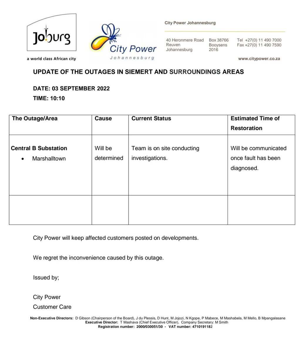 #CentralBSubstation
#JoburgUpdates 

Please find recent update regarding Marshaltown outage. ^IL