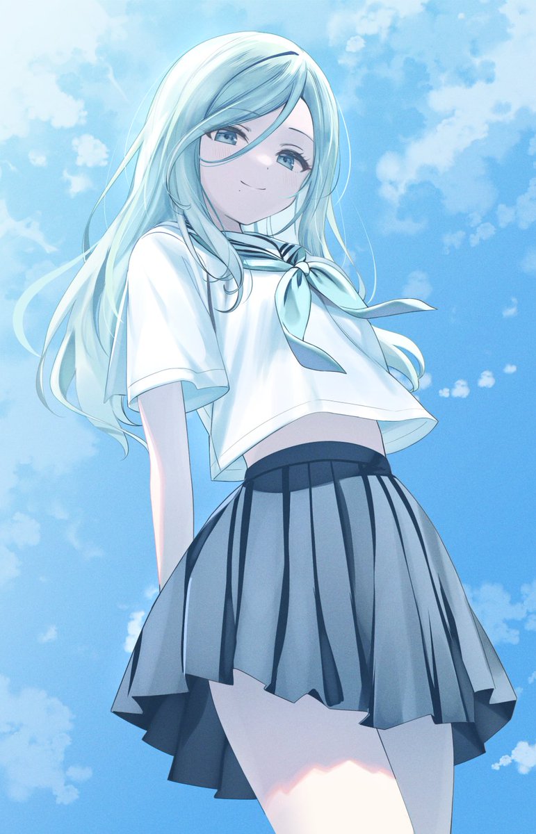 1girl solo skirt school uniform sky neckerchief pleated skirt  illustration images