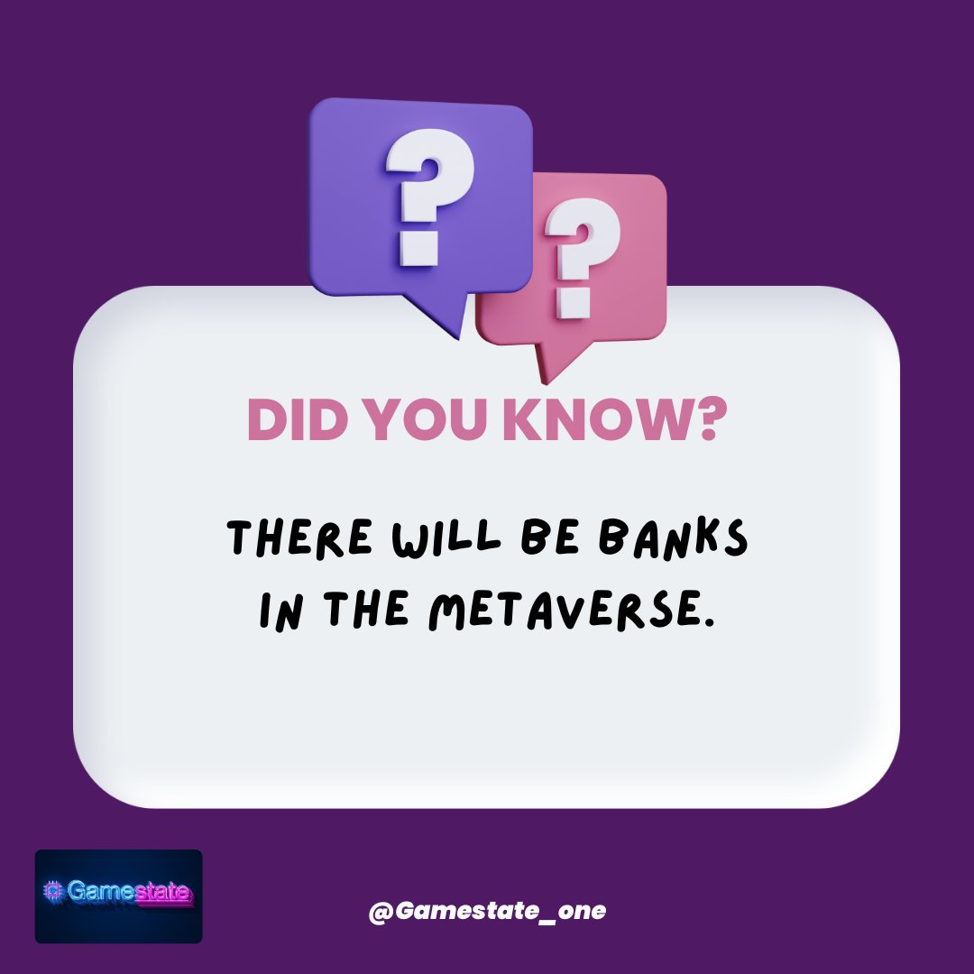 Gamestate_one's tweet photo. Did you know there will be banks in the metaverse.
#EventVerse #NFT #Web3 #GameFI #SocialFi #P2E #3D #Creators #Metaverse #MetaverseNFT #NFTCommunity #NFTGiveaway https://t.co/gECFOMetr5