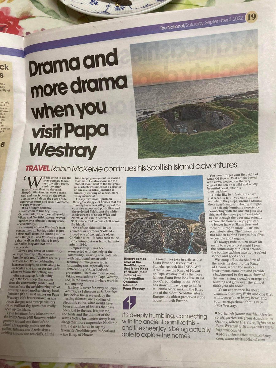 robinmckelvie's tweet photo. Take the world’s shortest flight and delve inside a 6,000-year-old dwelling that makes Stonehenge seem like IKEA. Papa Westray is a glorious isle with a great community. Don’t miss a tour with @PapayRanger. Read all about it in today’s @ScotNational. @TravWriters @VisitScotland https://t.co/LWPm4xWTU6