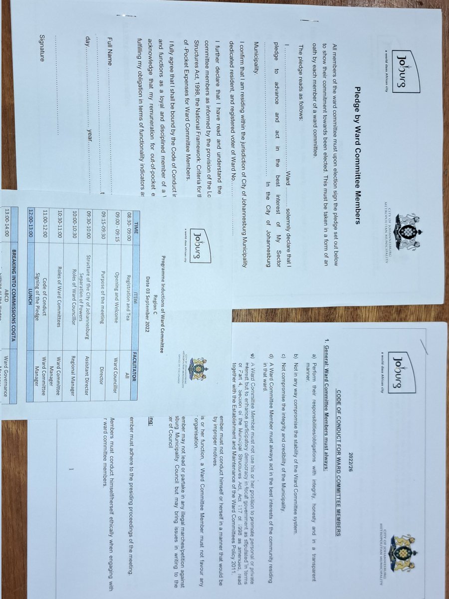 CityofJoburgZA's tweet photo. Each ward committee member has received a document pack with a pledge that they will be signing, the code of conduct, today's programme and the presentations of each of the speakers #WardCommitteeInduction #JoburgWorks #JoburgServices ^NJ https://t.co/Ahhp6zPx2M