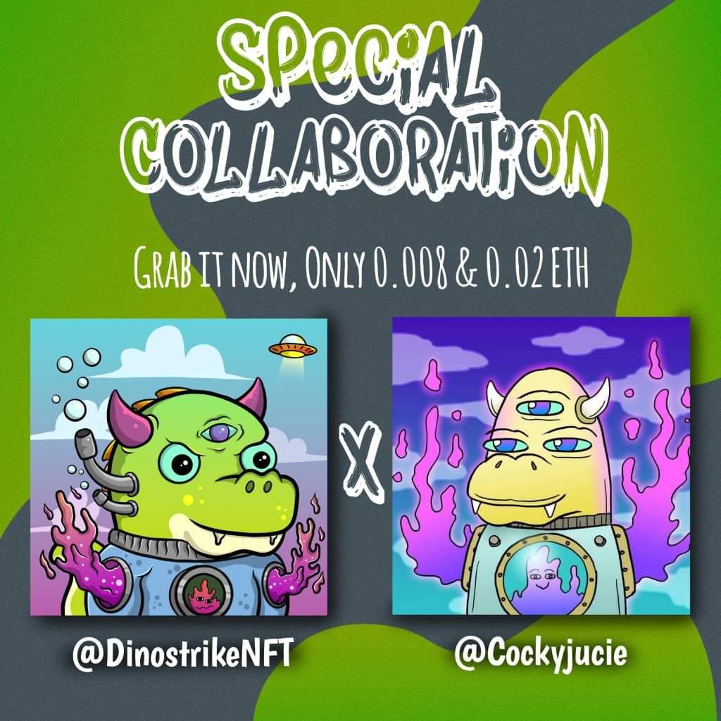 🔥SPECIAL COLLABORATION🔥
<a href="/DinoStrikeNFT/">DinoStrike.eth🚀</a> X @cocky_juice 

DinoStrike 0.008:
opensea.io/assets/matic/0…

Alien Buddy Buds 0.02:
opensea.io/assets/matic/0…

#nftcollectors #NFTartists #openseacollection