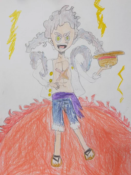 ・ルフィ(娘)太陽をバックに神々しさ全開!頑張って色が塗れてて素敵#ワンピース#ONEPIECE#ニカ#7歳の落書き#落書き#イラスト 
