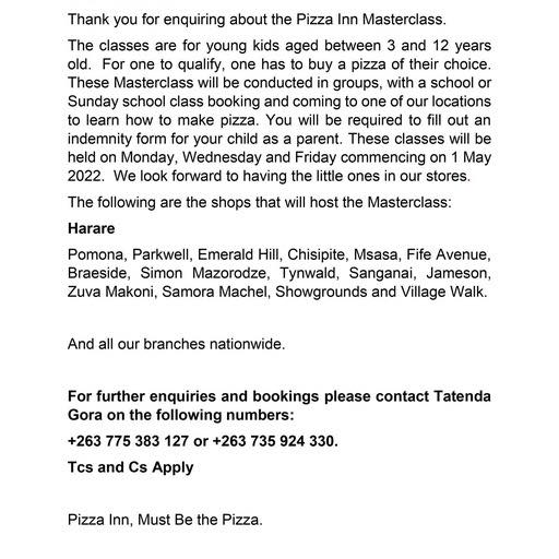 PizzaInnZim's tweet photo. Thank you for making the #PizzaInnMasterclass worth every second. The little angels are the extra, extra, EXTRA toppings of joy.  

Here are some moments worth sharing. Book a spot for your kids today.

#MustBeThePizza #PizzaInnZW #PizzaMasterclass https://t.co/2p8ss8iTCT