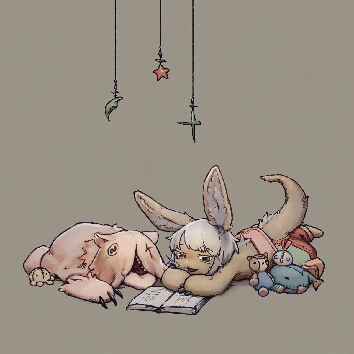 nanachi (made in abyss) animal ears book 1other furry tail white hair on stomach  illustration images