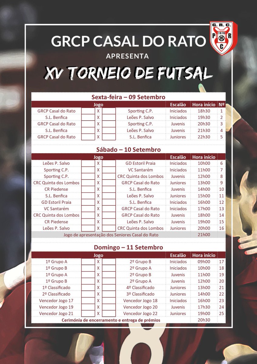 XV Torneio GRCP Casal do Rato🏆⚽️

- Calendário de Horários e Jogos

🗓 9, 10 e 11 de Setembro de 2022
Juniores, Juvenis e Iniciados

📌 Pavilhão da Escola Secundária de Caneças 

#somoscasaldorato