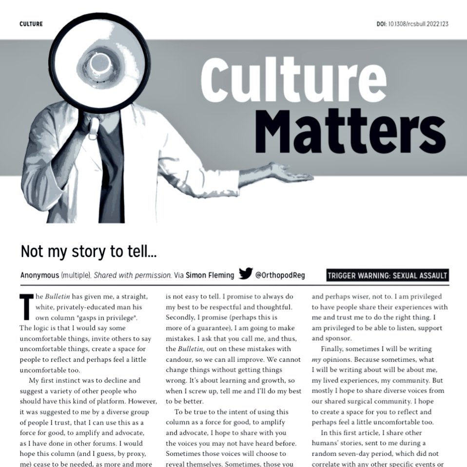 UKWENTs's tweet photo. There's a new column in this month's @RCSnews Bulletin, sharing accounts from multiple anonymous contributors via @OrthopodReg. Here's hoping this is a sign that we really can change the culture in surgery 🙏 CW for sexual harrassment and assault.
https://t.co/uZlMEIrDOv https://t.co/etQGiYIybp