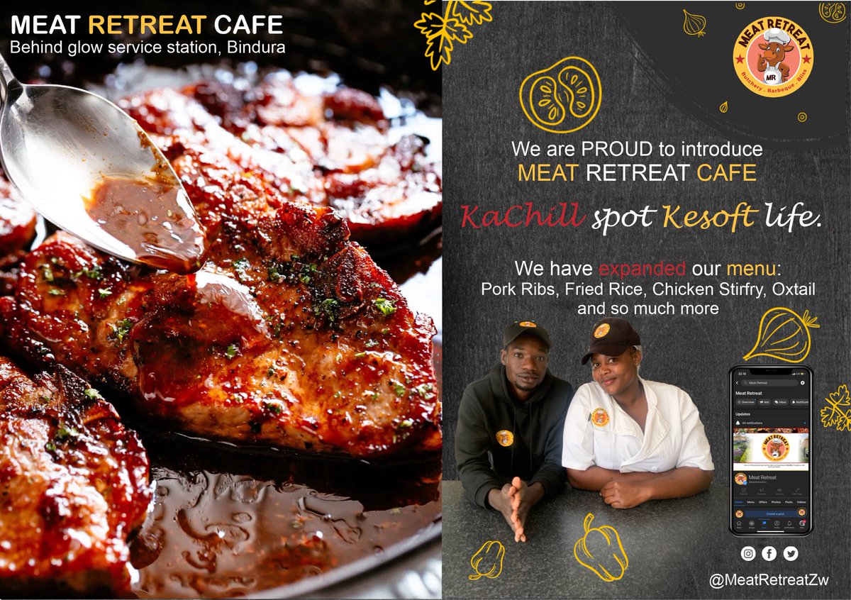 Visuals by: Anon Digital Marketing 

We are proud to introduce Meat Retreat Cafe - Kachill spot kesoft life!😉

Meat Retreat - Butchery . Barbecue . Bliss

Behind Glow service station, Harare road, Bindura.

 #Beer #sadzaeaters #meatretreat #hangout #braai #Bindura