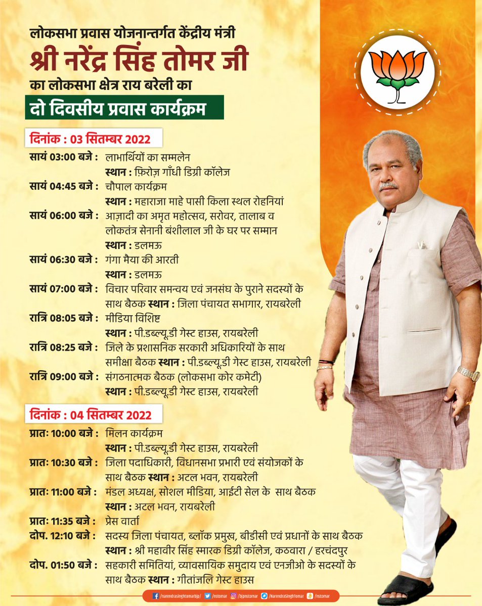 Narendra Singh Tomar Office (@nstomaroffice) on Twitter photo लोकसभा प्रवास योजनान्तर्गत केंद्रीय मंत्री श्री नरेंद्र सिंह तोमर जी का लोकसभा क्षेत्र राय बरेली का दो दिवसीय प्रवास कार्यक्रम...
<a href="/nstomar/">Narendra Singh Tomar</a> लोकसभा प्रवास योजनान्तर्गत केंद्रीय मंत्री श्री नरेंद्र सिंह तोमर जी का लोकसभा क्षेत्र राय बरेली का दो दिवसीय प्रवास कार्यक्रम...
<a href="/nstomar/">Narendra Singh Tomar</a>