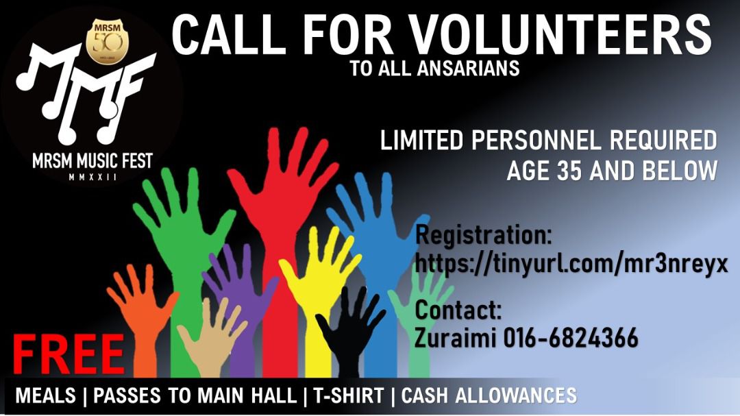 AnsaraMalaysia's tweet photo. We are glad to invite eligible Ansarians to be part of our inaugural MRSM Music Fest 2022 as Volunteers (MMF Musketeers). 
For those who are interested, kindly register at https://t.co/yLr2Voe2h3 by 19 September 2022. Required Musketeers are very limited. See you at #MMF2022 https://t.co/k89v4YiAFu