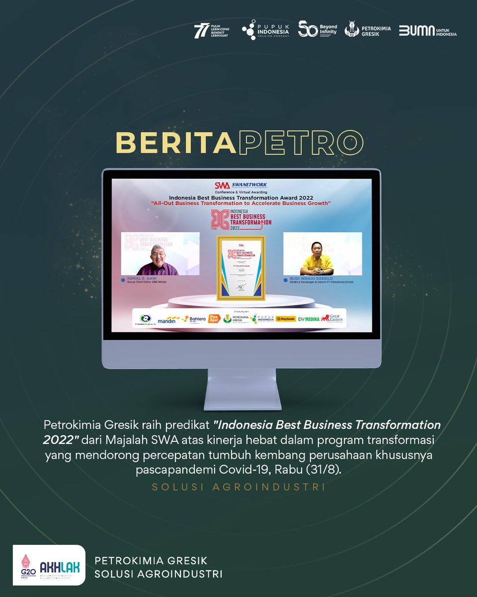 petrogresik's tweet photo. Berkat program transformasi yang berhasil khususnya pasca pandemi Covid-19 telah menghantarkan Petrokimia Gresik pada predikat yang bergengsi ini Sahabat!

#KemerdekaanIndonesia #77tahunindonesiamerdeka #77tahunindonesia #IBBT #IBBT2022 #Indonesiabestbusinesstransformation https://t.co/Zw52SCueZp