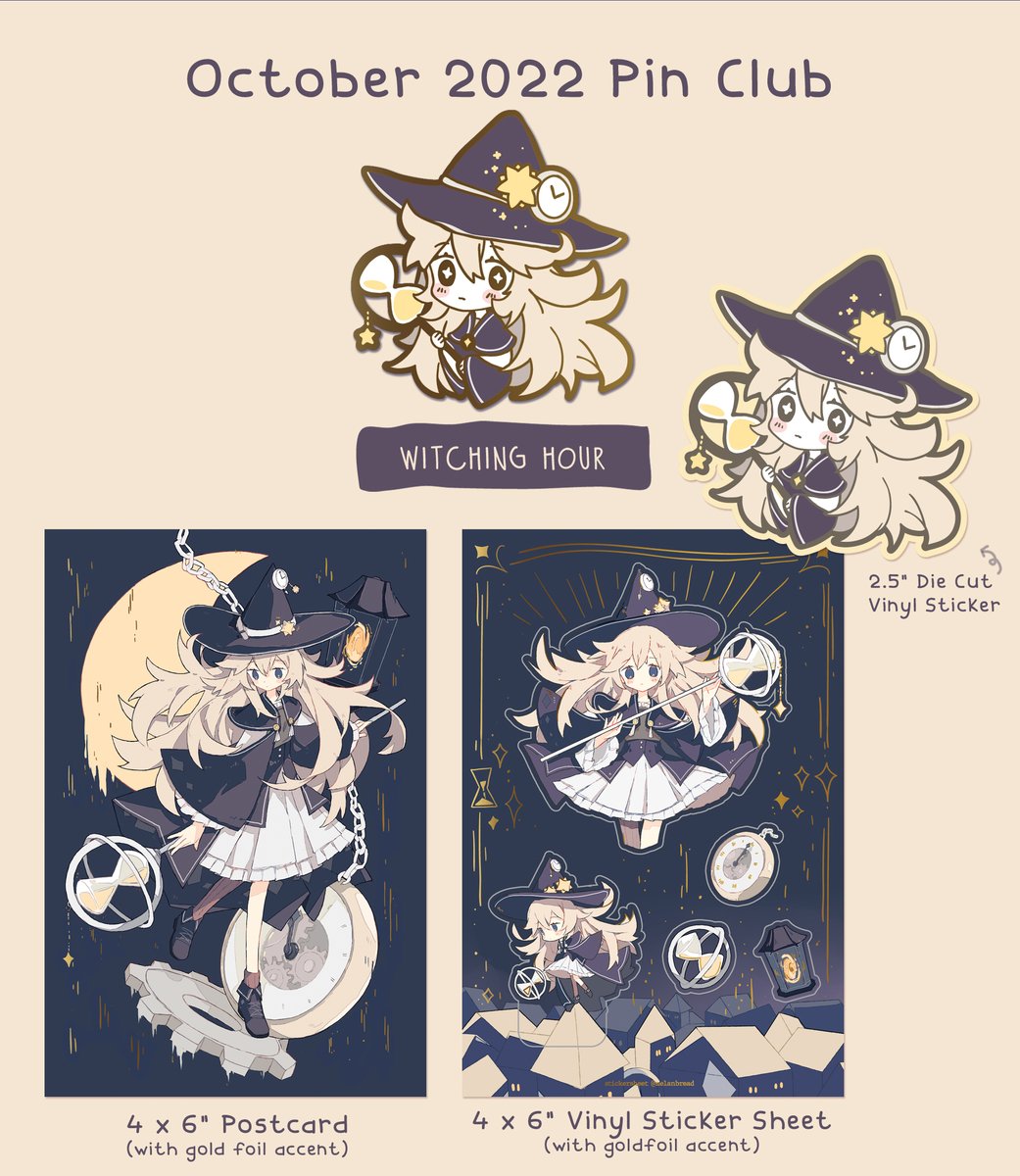 October's Patreon theme is "Witching Hour" featuring a witch who dances on the rooftops at midnight.
This month's merch will be a pin, postcard/sticker sheet w/ foil accents, and vinyl sticker. Pledge during the month of October to get it shipped.⁣⁣ 