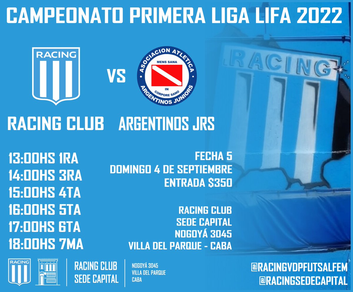 RacingVDPFutFem's tweet photo. Por la fecha 5 del torneo Clausura @primeraligaIFF 2022, recibiremos a @FutsalFemAAAJ este domingo a partir de las 13hs con las categorias detalladas en el flyer.
#Racing
#RacingVdP
#RacingClub
#FutsalFemenino
♀️🎓⚽️💙 https://t.co/pXffJpmh8a