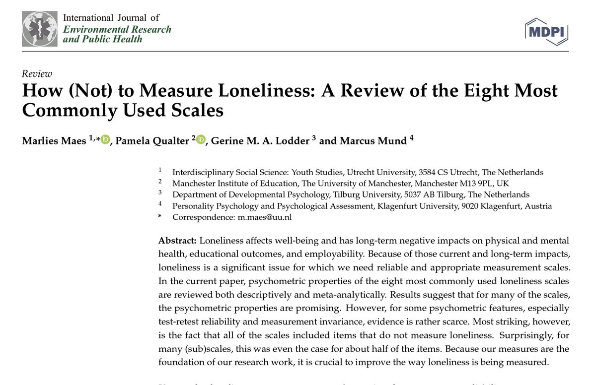 Review of eight measures of loneliness by <a href="/Marlies_Maes/">Marlies Maes</a> <a href="/GerineLodder/">Gerine Lodder</a> and colleagues finds that several of them contain items that don't measure loneliness!

doi.org/10.3390/ijerph…