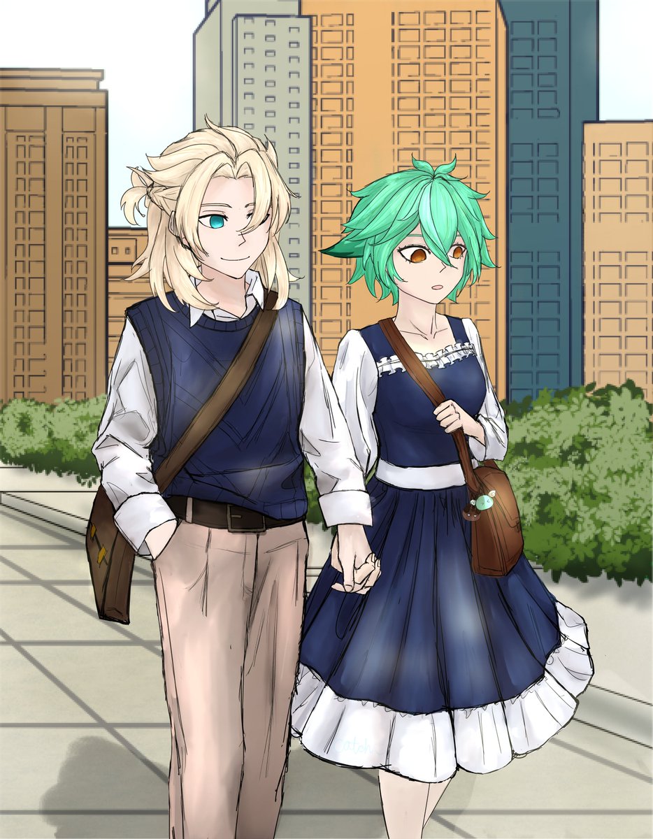 catchthe_w0lf's tweet photo. Some modern au casual alberose! Hehe, they're so cute, I love them. Another background attempt, who knew, using perspective gridlines helps a lot. I'm just an idiot. #GenshinImpact #alberose https://t.co/ot8x0sWX35