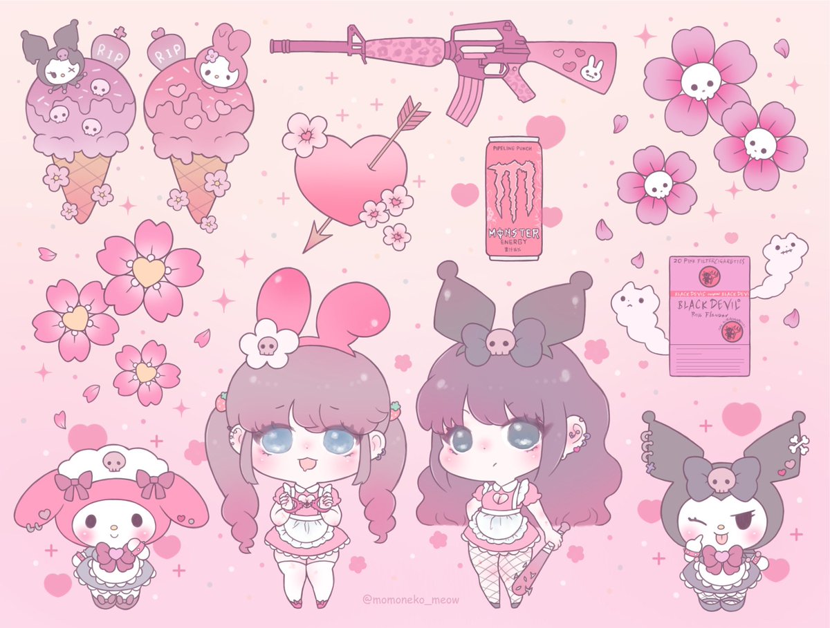 multiple girls assault rifle gun weapon rifle flower twintails  illustration images