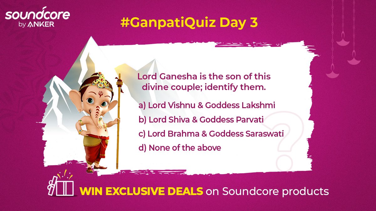 @SoundcoreIndia b) Lord Shiva and Goddess Parvati
#QuizTime #Deals #Discounts #Bestoffers #Bestdeals #SoundcoreIndia #Morya #GanpatiBappaMorya